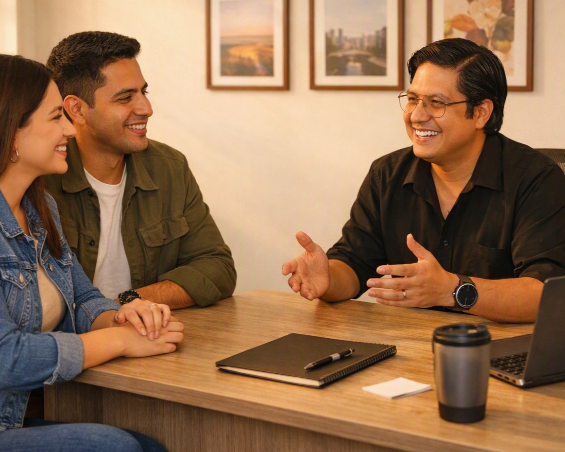 Johnny Calderón discussing home loan options with a homebuyer in a bright office